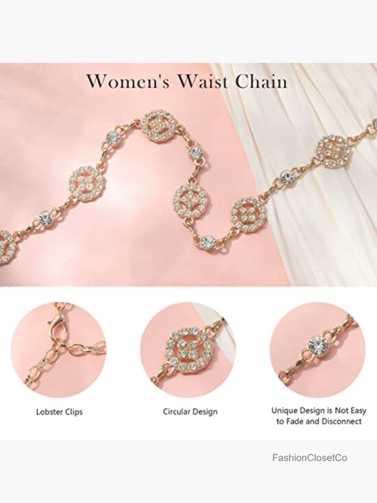 Rhinestone Gold Silver Chain Belt for Women - Adjustable 47 Inch Waist Belt
